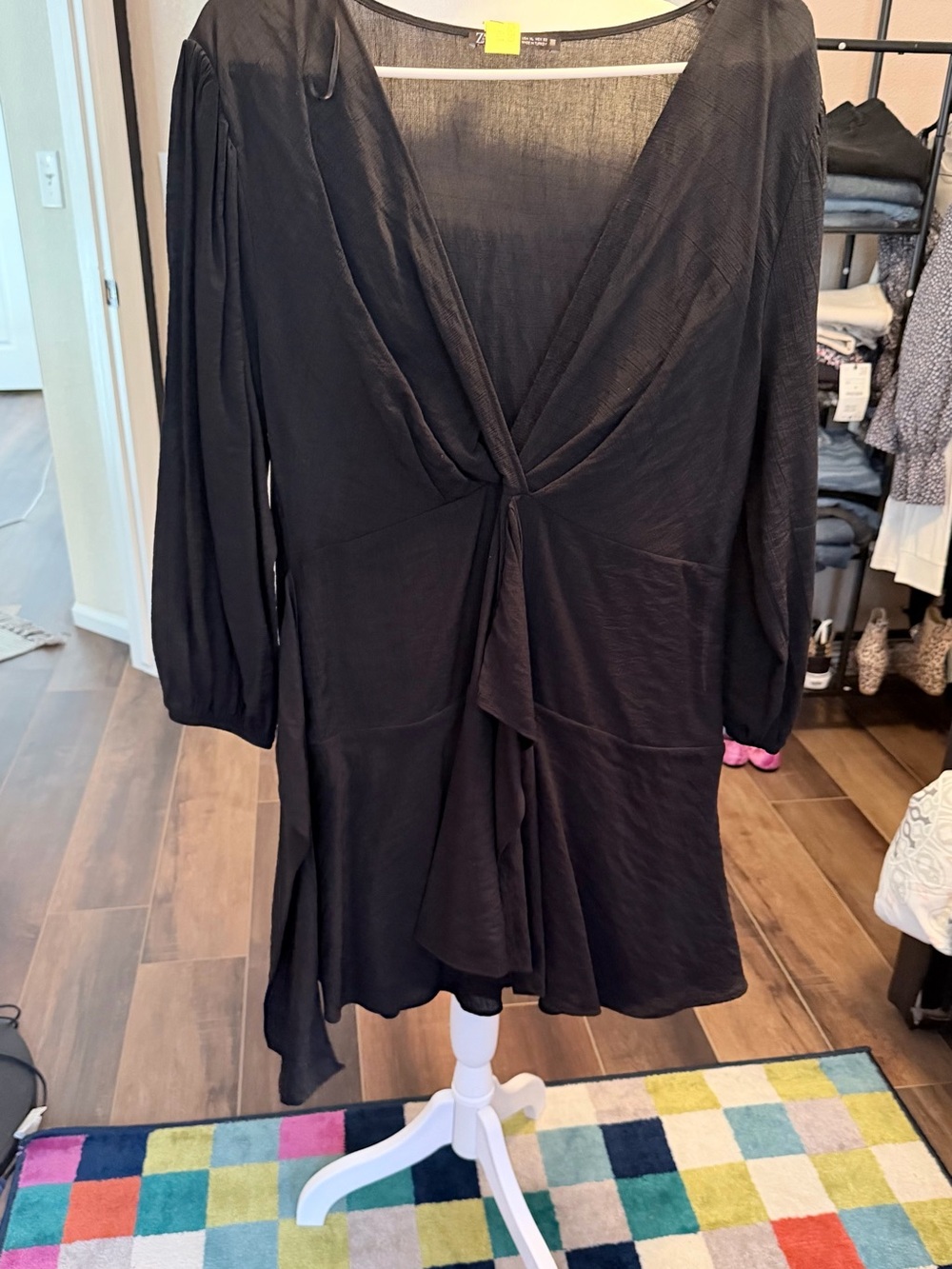 Zara Black Long-Sleeve Twist-Front V-Neck Dress